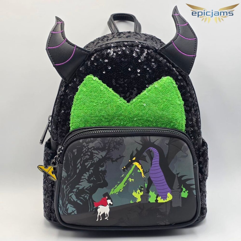 Loungefly Disney Sleeping Beauty Maleficent Sequin Black Mini Backpack New
